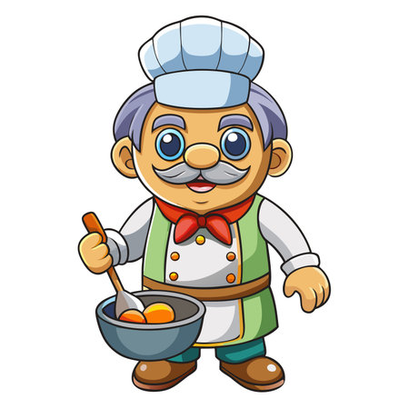 Cheerful cartoon cook prepares eggs in pan, smiling, wearing chef's hatのイラスト素材