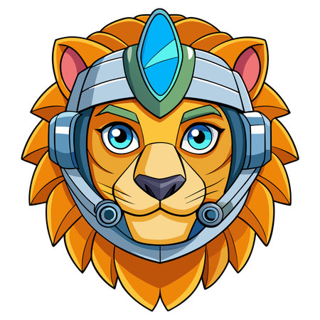Lion cartoon wearing futuristic helmet, bright colors, friendly expressionのイラスト素材
