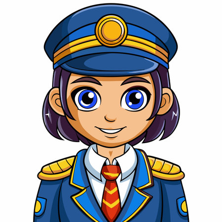 Cartoon person wearing a navy blue uniform, red tie, and cap, with big eyesのイラスト素材