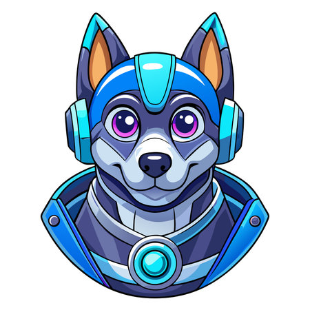 Robotic dog headshot with blue accents, wearing futuristic gearのイラスト素材