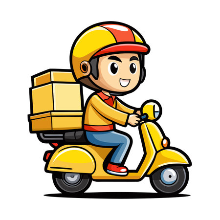 Cartoon courier rides scooter with boxes. Happy driver, helmet, and yellow transportのイラスト素材