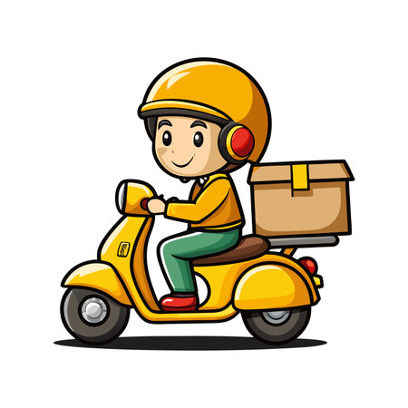 Delivery rider on a yellow scooter with a box. Simple cartoon style illustrationのイラスト素材