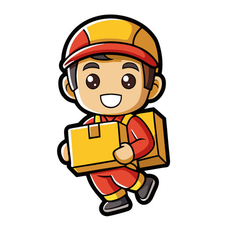 Cute cartoon delivery boy in red, holding a yellow box. Smiling characterのイラスト素材