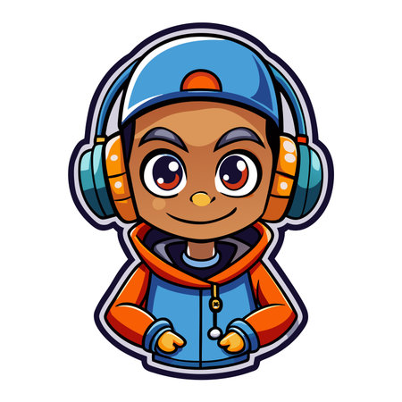 Cartoon style boy with headphones and hoodie, smiling brightlyのイラスト素材