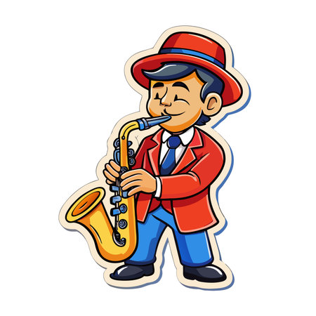 Cartoon man playing saxophone. Red suit, blue pants, hat. Joyfulのイラスト素材