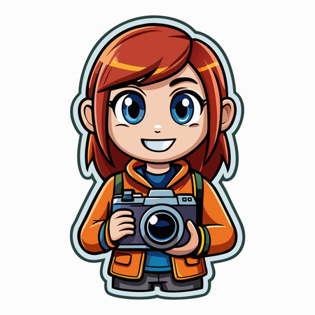 Cartoon girl holding camera, wearing jacket, happy expression. Graphic artのイラスト素材