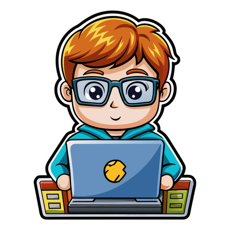 Cartoon person with glasses working on a laptop, smilingのイラスト素材