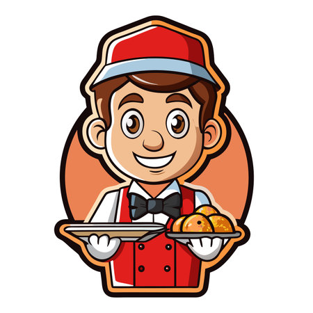 Cartoon waiter serves dishes, wearing a red vest and hat, friendly expressionのイラスト素材
