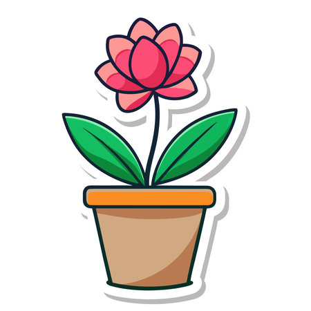 Flower in pot. Pink petals and green leaves in a brown potのイラスト素材