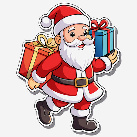 Santa Claus joyfully carrying gifts. He's wearing a red suit and hatのイラスト素材