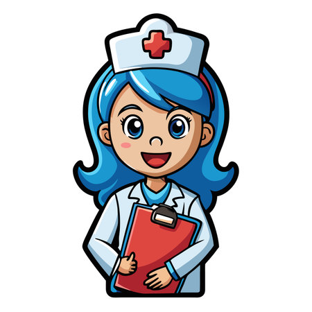Cartoon nurse with blue hair wearing white uniform and holding clipboard smilingのイラスト素材