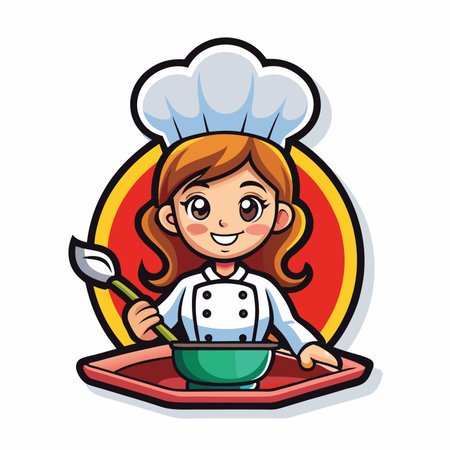 Smiling cartoon chef, holding bowl and spoon, wearing a white chef's hatのイラスト素材