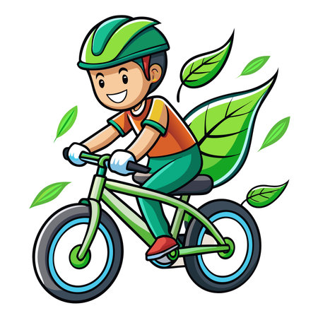 Cartoon bicyclist with leaf decor rides cheerfully; greenery floatingのイラスト素材