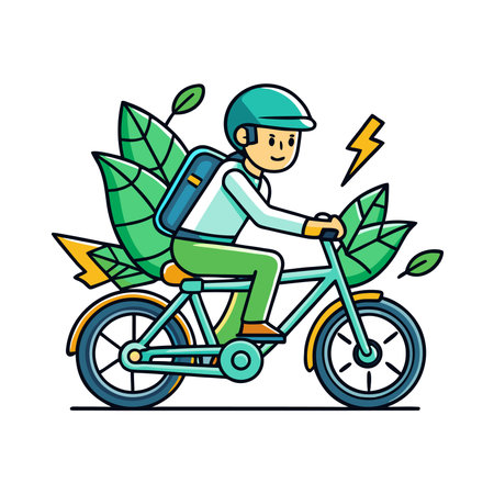 Person rides electric bike with leafy background, cartoon-style illustrationのイラスト素材