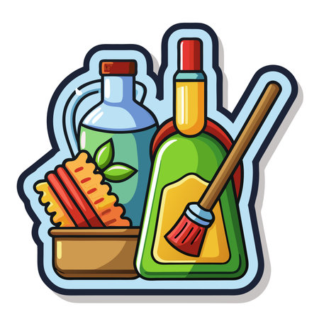 Cartoon illustration of cleaning supplies brush, bottles, sponge, and dishのイラスト素材