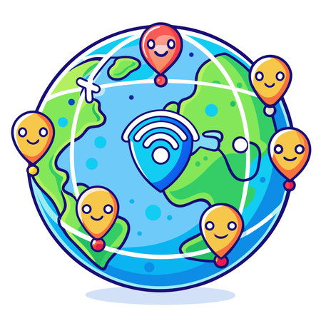 World globe with network connection and balloon markers. Cute, vibrant, and globalのイラスト素材