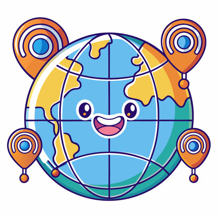 Cheerful cartoon globe with map pointers. Travel destination concept. Flat designのイラスト素材