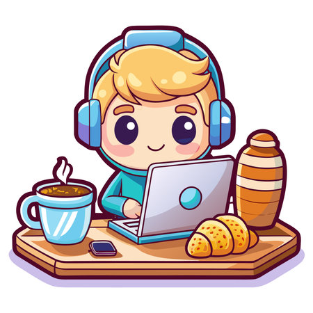 Cartoon boy with laptop, headphones, coffee and croissant on wooden surfaceのイラスト素材