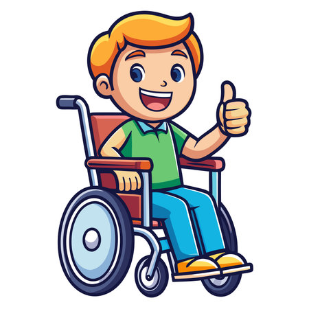 Cheerful cartoon boy in wheelchair gives thumbs up with a smileのイラスト素材