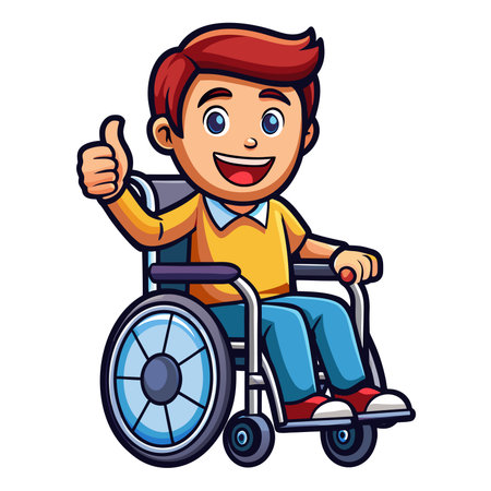 Boy in wheelchair smiles giving a thumbs up. Cheerful &amp; cartoon-style illustrationのイラスト素材