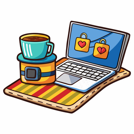 Laptop with locks, connected hearts, and drink on striped mat. Cartoon styleのイラスト素材