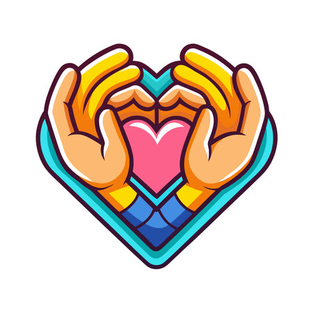Cartoon hands forming a heart shape with pink fill inside a teal heart outlineのイラスト素材