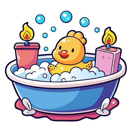 Cartoon duckling soaks in a tub with bubbles and candles in a playful illustrationのイラスト素材