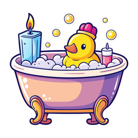 Cartoon ducky in bathtub with bubbles and candles, cute and relaxing sceneのイラスト素材