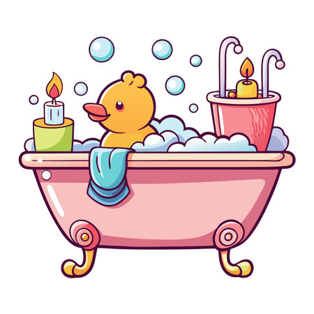 Duck in pink tub with candles, bubbles, and towel in cute cartoon styleのイラスト素材