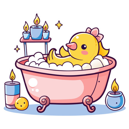 Cartoon duck soaking in bubble bath surrounded by lit candles, cute and relaxingのイラスト素材