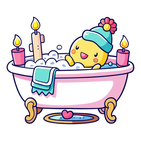 Cute yellow character in bubble bath with candlesのイラスト素材