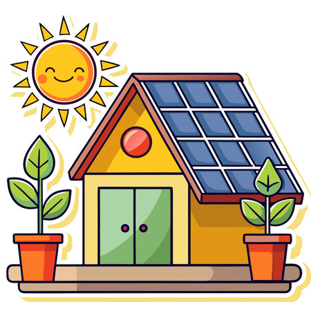 Solar-paneled home with happy sun and plants, suggesting eco-friendly livingのイラスト素材
