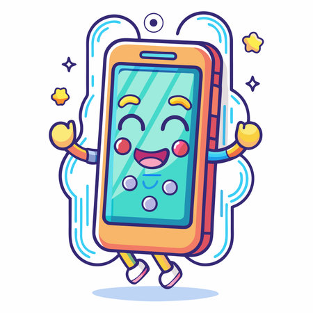 Happy phone character with face, arms and legs, joyfully floating in airのイラスト素材