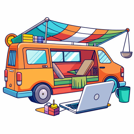 Orange van with laptop and awning. Cozy travel and work lifestyle illustrationのイラスト素材