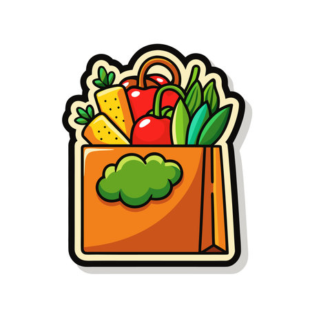 Paper bag full of fresh produce, including carrots, peppers, and leafy greensのイラスト素材