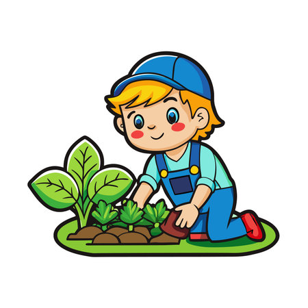 Cartoon boy planting seedlings in garden with hat &amp; overallsのイラスト素材