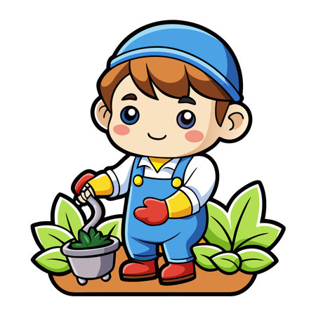 Cartoon gardener tending plants. Cute, charming, happy, with tools in the gardenのイラスト素材