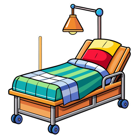 Cartoon illustration of hospital bed with overhead light and striped blanketのイラスト素材