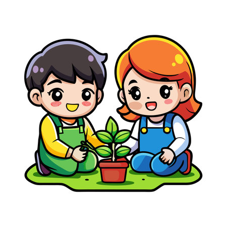Kids planting sprout in pot, wearing overalls, on grass, smiling, cartoon-styleのイラスト素材