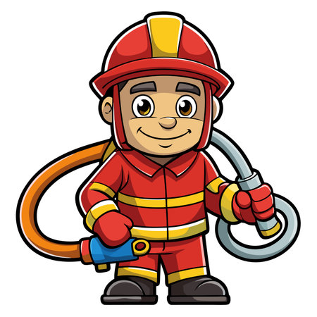 Cartoon firefighter smiling, holding hose in uniform and helmet, ready to helpのイラスト素材