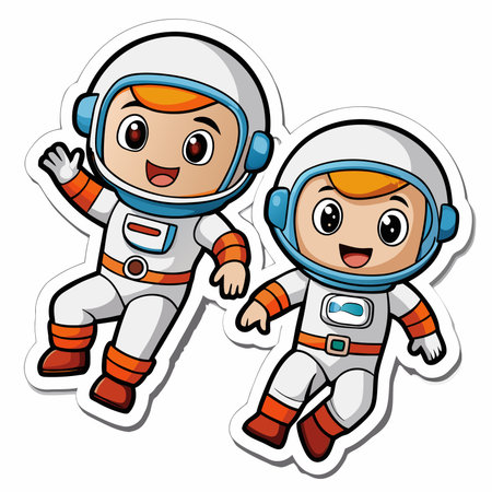 Two cartoon astronauts floating, wearing white suits, orange trim. Cheerful expressionsのイラスト素材
