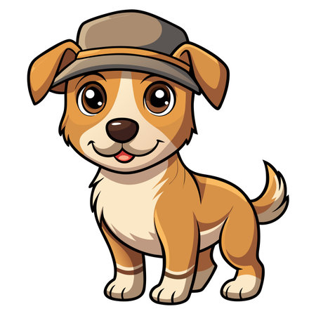 Cute cartoon dog wearing a hat, smiling and standing uprightのイラスト素材