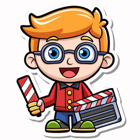 Cartoon boy with glasses holding clapboard and candy cane on white backgroundのイラスト素材