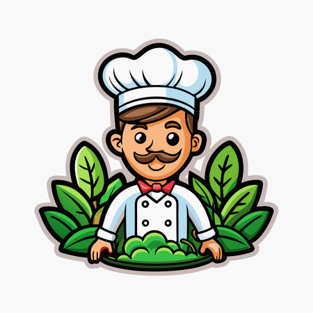 Chef with white uniform holding a green plate, surrounded by leavesのイラスト素材
