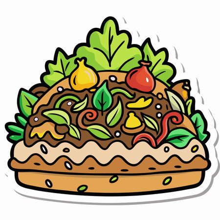 Cartoon style sticker of an open-faced sandwich topped with colorful vegetablesのイラスト素材