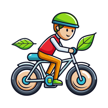 Person rides a bicycle with leaf-shaped elements. Green helmet. Cartoon styleのイラスト素材