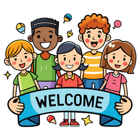 Diverse children group holding "WELCOME" banner, cartoon styleのイラスト素材