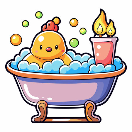 Adorable chick soaks in a bubbly bathtub with candlesのイラスト素材