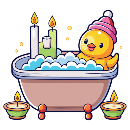 Cute cartoon chick bathing with candles, wearing hat, bubblesのイラスト素材