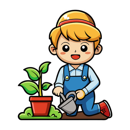 Gardener cartoon waters a plant in a pot, wearing overalls and a straw hatのイラスト素材